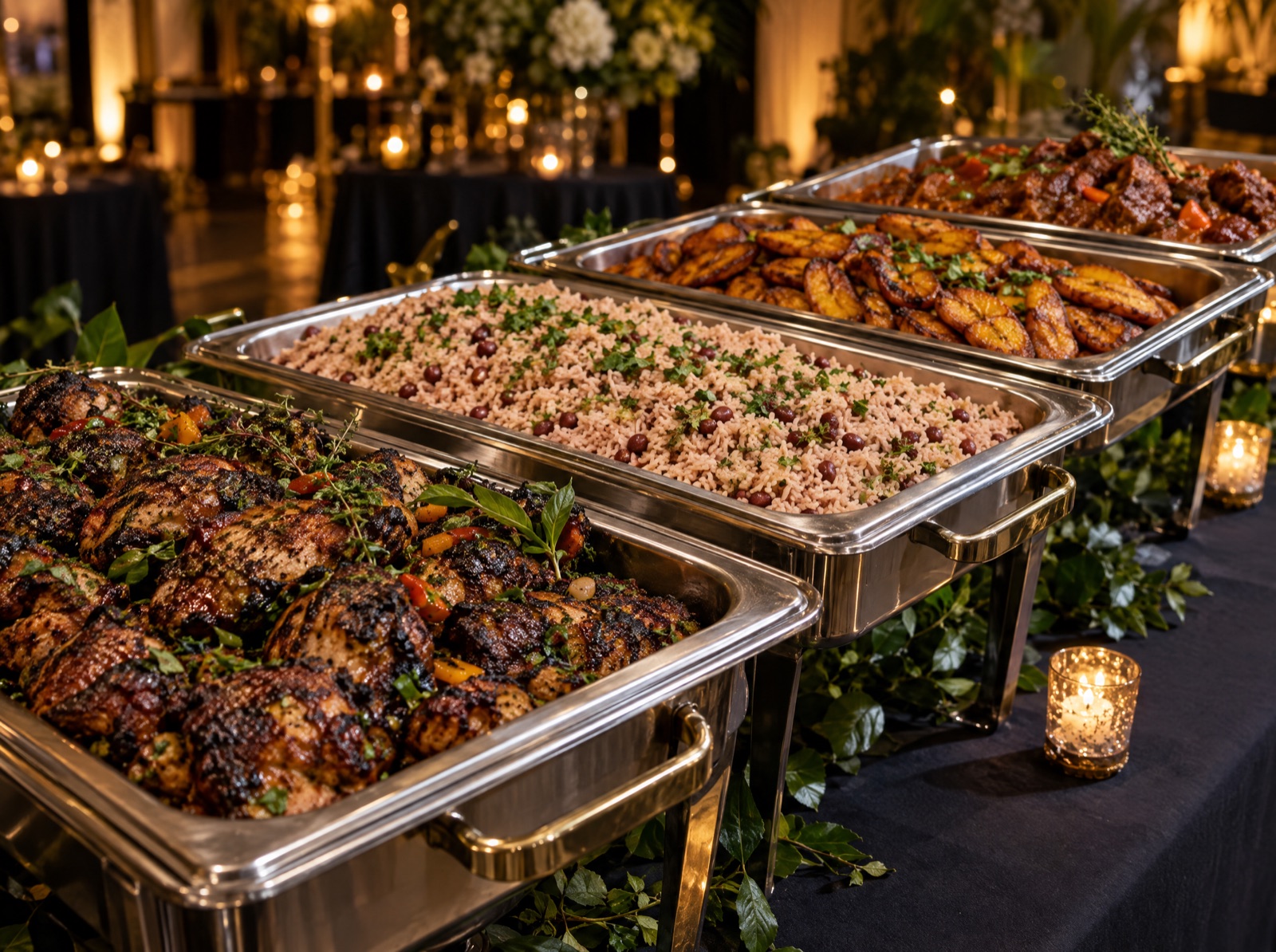 Buffet line of chafing trays filled with grilled chicken, rice and peas, fried plantains, and stewed meat, lit by candles.
