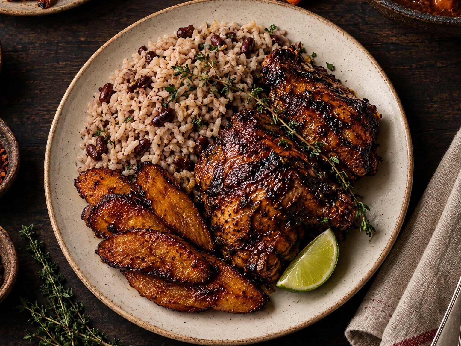 Plate of rice and peas with grilled jerk-style chicken, fried plantains, thyme, and a lime wedge.