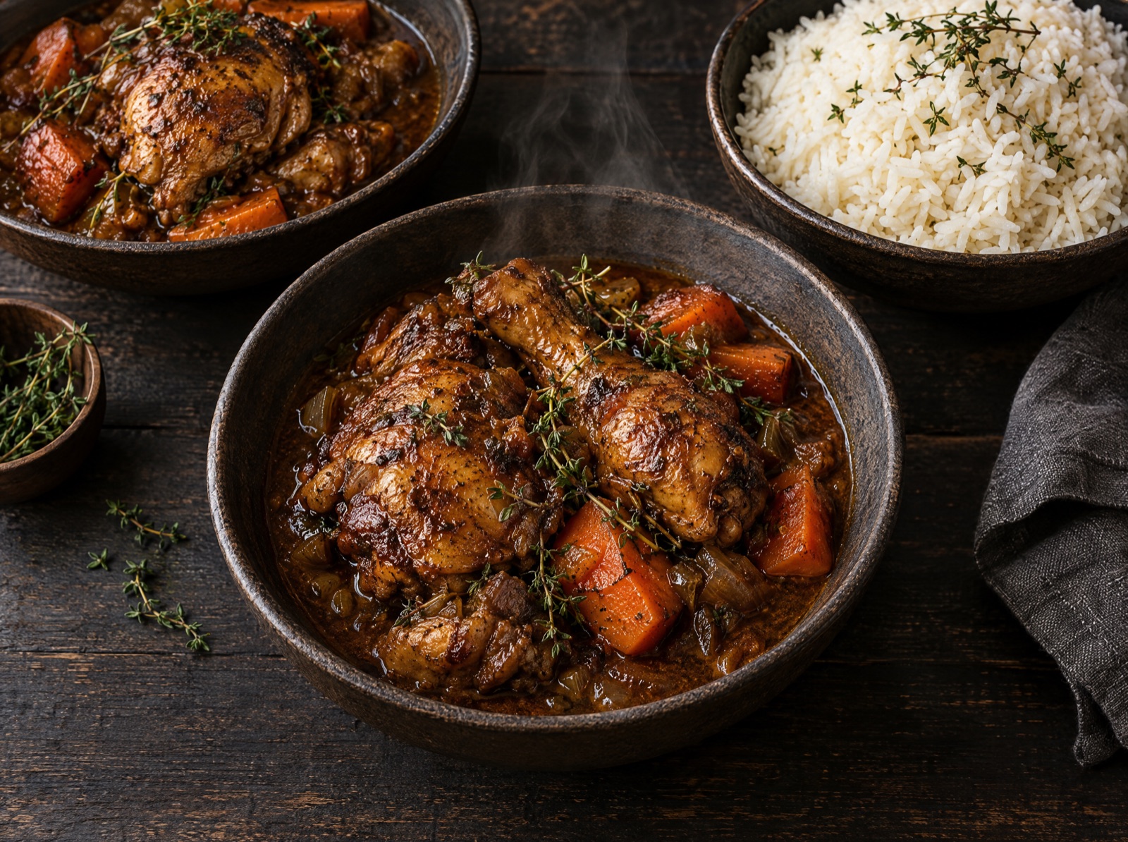 Dark bowls of brown stew chicken with carrots and thyme beside a bowl of white rice.